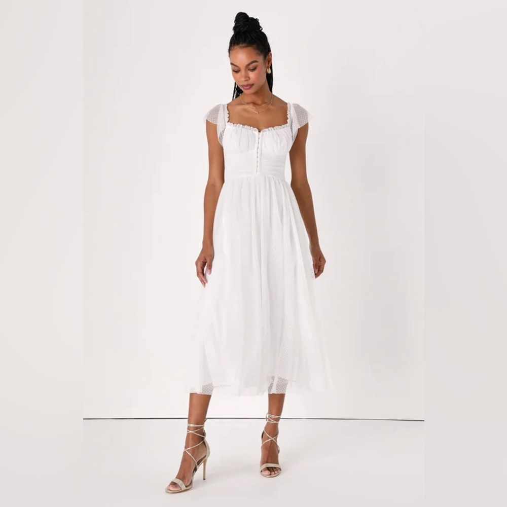 Lulus Regal Radiance White Tulle Bustier Midi Dress